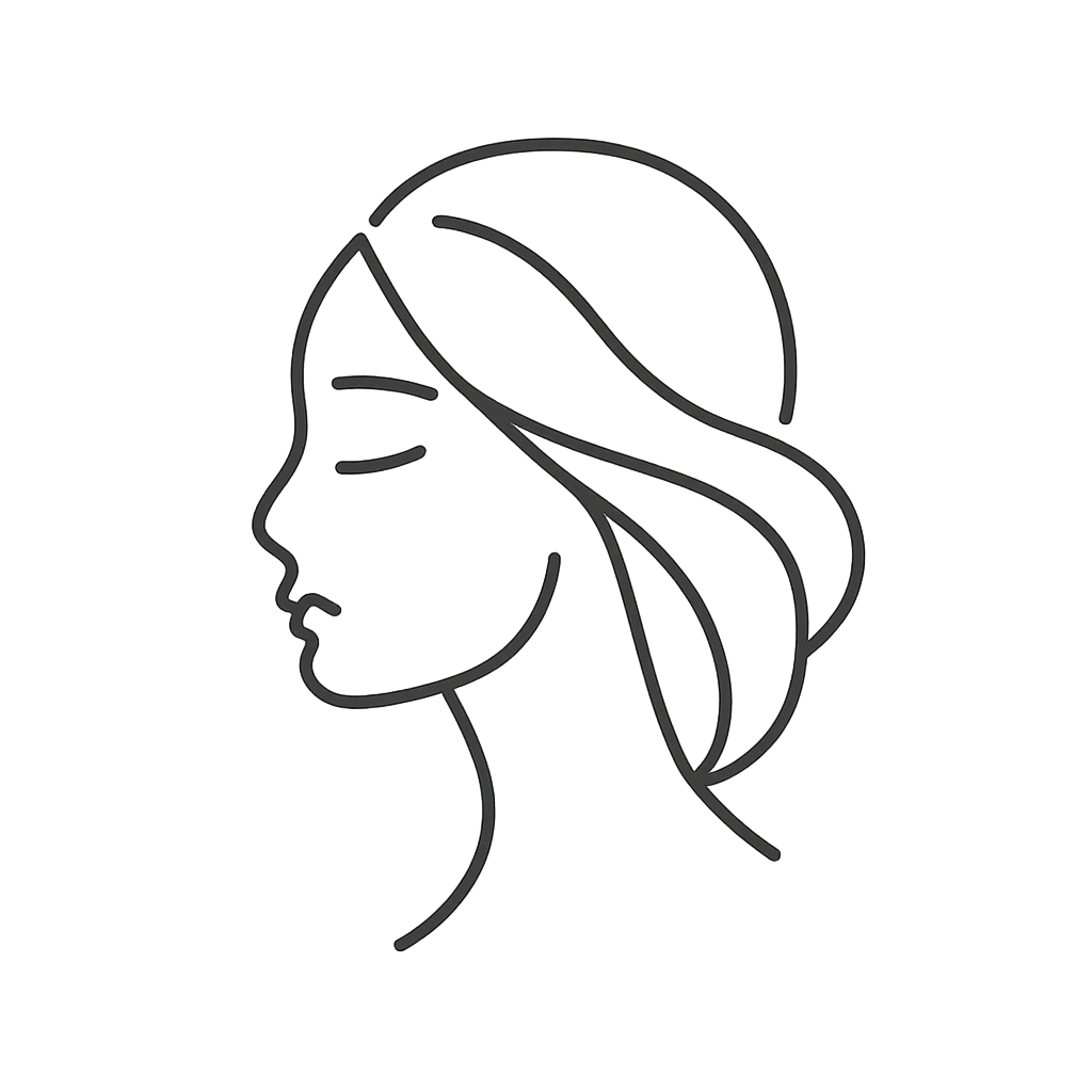 A simple line drawing of a woman's profile, facing left, with her hair gently falling behind her.